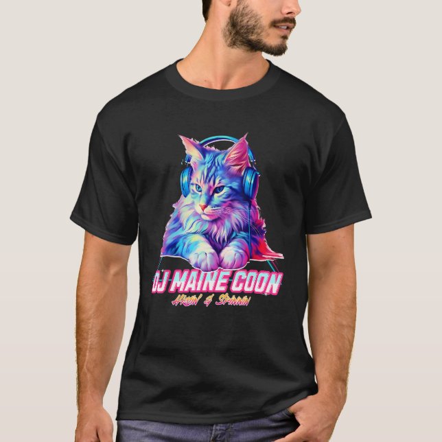T-shirt Chat rétro avec casque Musique DJ Maine Coon Chat (Devant)
