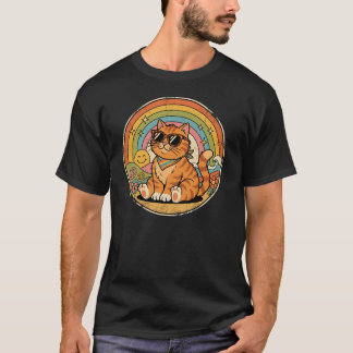 T-shirt Chat Rétro Groovy Signe de Paix Arc-en-Ciel