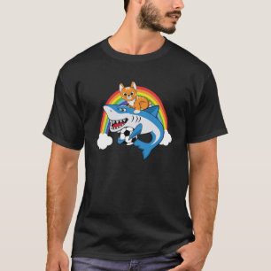 T-shirt Chat Riding Requin Jouer Au Football Avec Rainbow