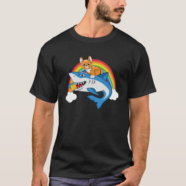 T-shirt Chat Riding Requin Manger Fromage Avec Arc En Arc  (Devant)
