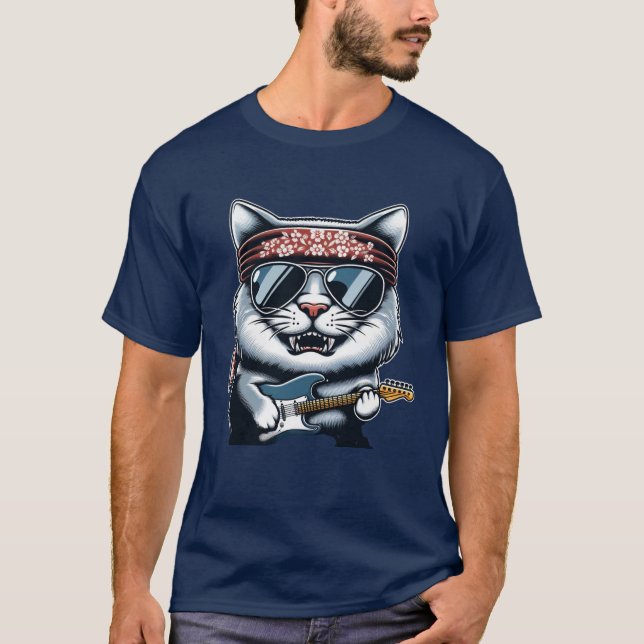 T-shirt 🎸 "Chat Rocher et Rouleau avec Guitare" Tee 🐱 (Devant)