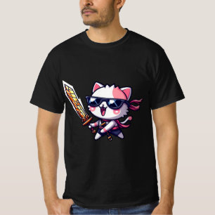 T-shirt Chat Rocker avec lunettes noires et épée en style