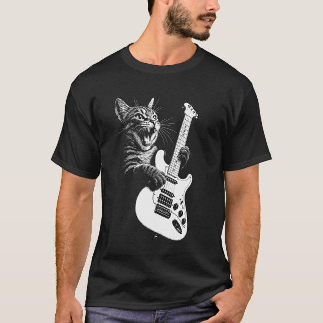 T-shirt Chat Rockstar avec Guitare Électrique (Devant)