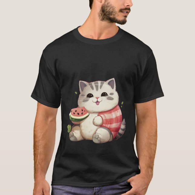 T-shirt Chat Rond Heureux avec Art d'Été de Pastèque ✨🐾🍉 (Devant)