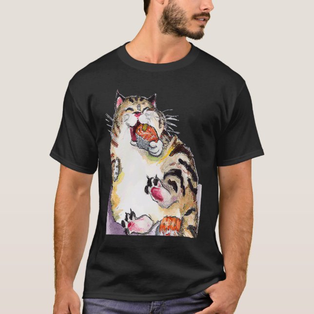 T-shirt Chat Rond Mangeant du Sushi (Devant)