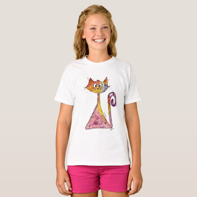 T-shirt Chat rose blanc mignon (Devant entier)