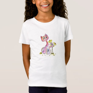T-Shirt Chat rose blanc mignon avec Fleurs Jaunes