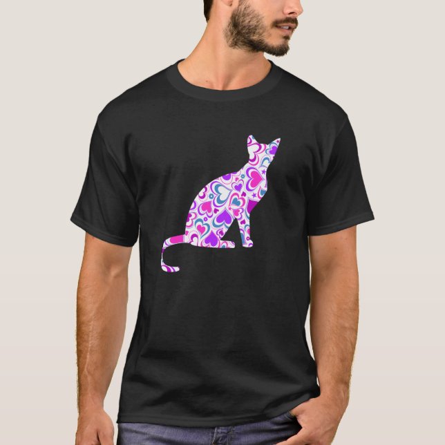 T-shirt Chat Rose Violet avec des Cœurs, Joli Chat Manches (Devant)