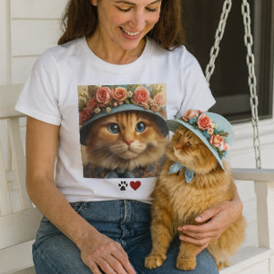 T-shirt Chat roux au chapeau bleu avec des fleurs Amateur