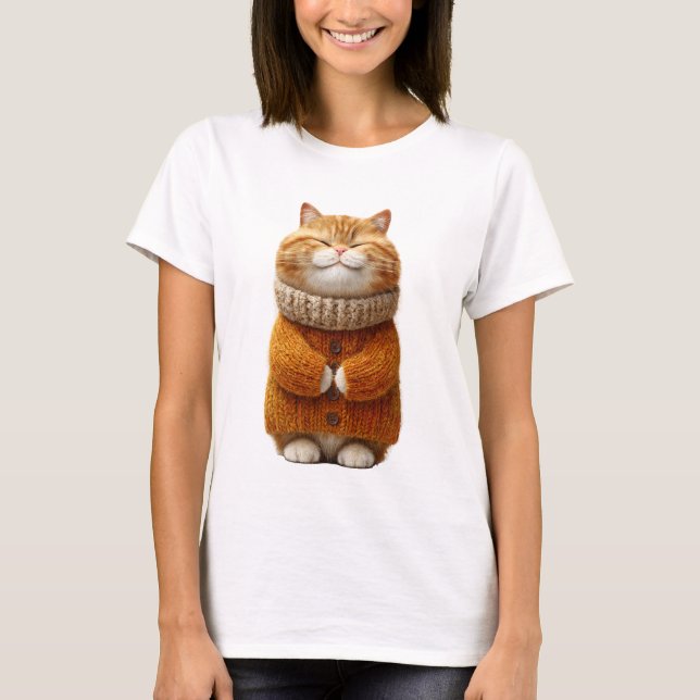 T-shirt Chat roux charmant en pull tricoté cosy 3D (Devant)