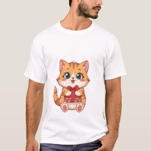 T-shirt Chat roux Kawaii mignon tenant une boîte-cadeau ro