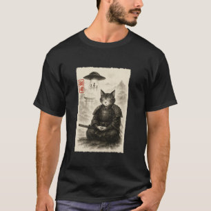 T-shirt Chat Samouraï Alien UFO Drôle Invasion Mème Sumi e