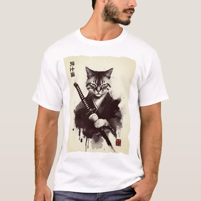 T-shirt Chat Samouraï, Art Japonais Féroce  (Devant)