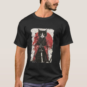 T-shirt Chat Samouraï Avec Katana Soleil Rouge Fantastique