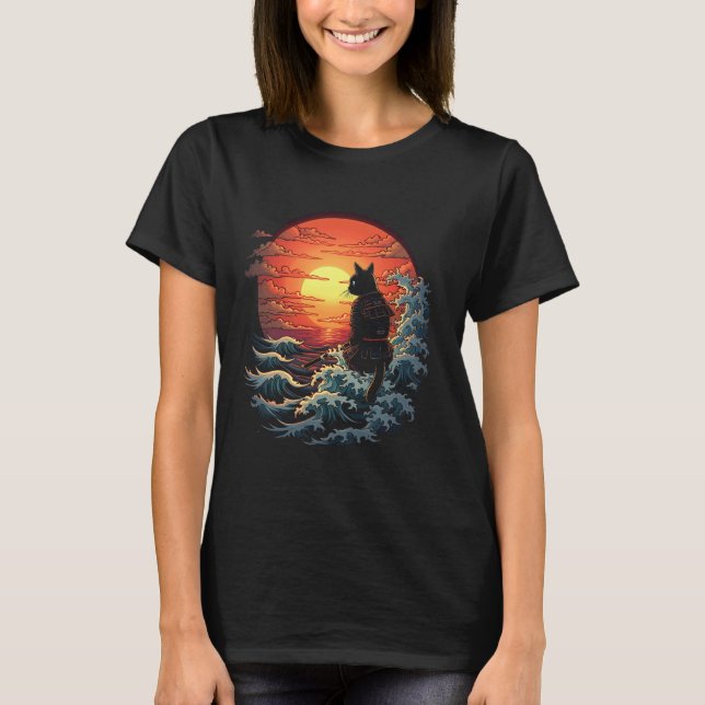 T-shirt Chat Samouraï Coucher de soleil (Devant)