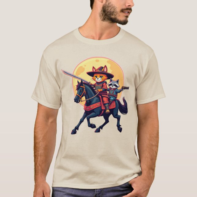 T-shirt Chat Samouraï Cowboy & Raton laveur chevauchant un (Devant)