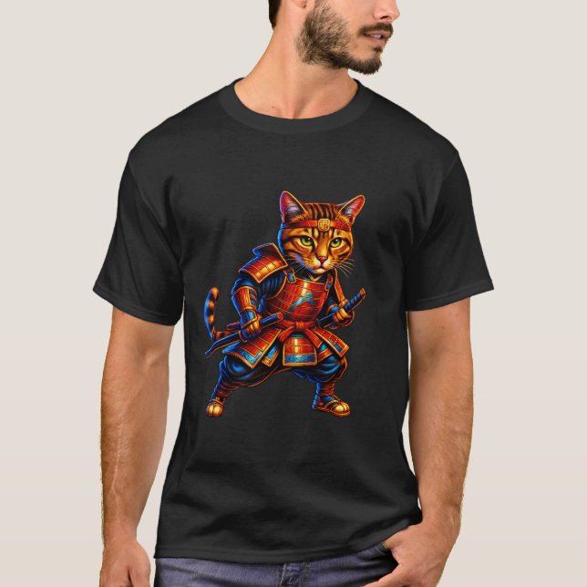T-Shirt Chat Samouraï de Feu – Félin Guerrier Roug (Devant)