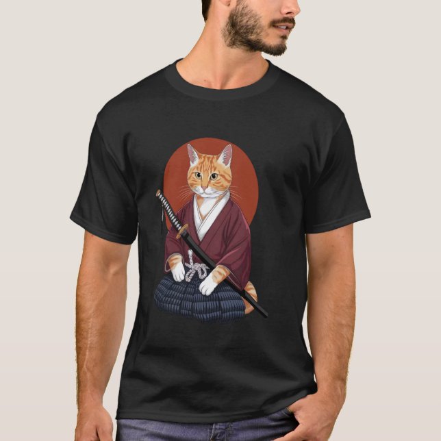 T-shirt Chat Samouraï en Armure Traditionnelle avec Dessin (Devant)