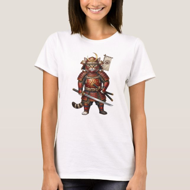 T-shirt Chat Samouraï en Armure Traditionnelle – avec Épée (Devant)