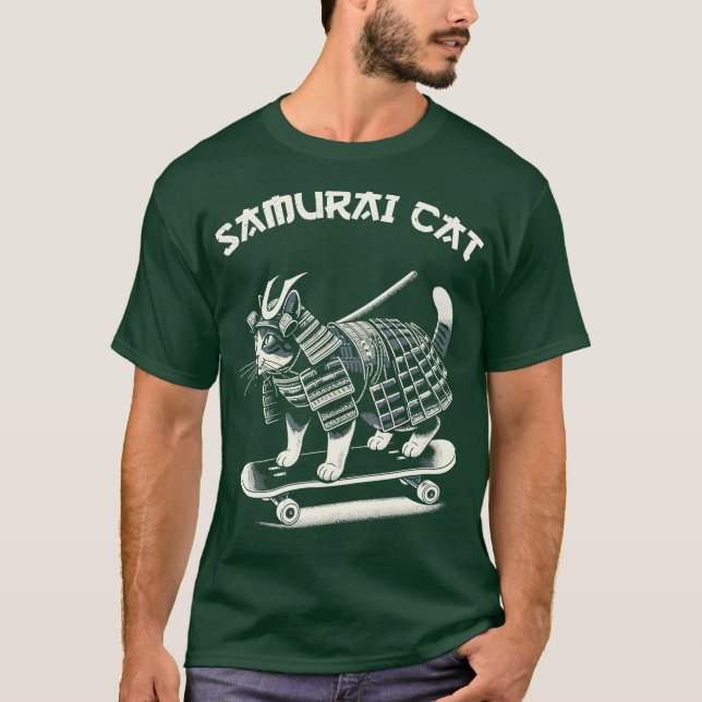 T-shirt Chat Samouraï en planche à roulettes (Devant)