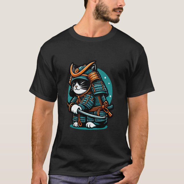 T-shirt Chat samouraï guerrier en armure avec épée (Devant)