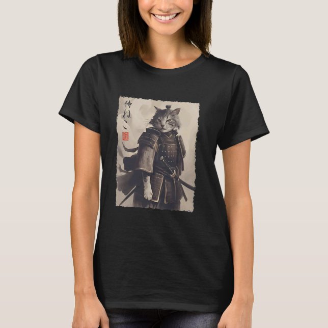 T-shirt Chat Samouraï Guerrier Ukiyo Encre Artwork Chat Sa (Devant)