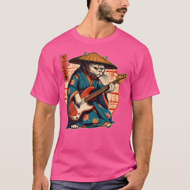 T-shirt Chat Samouraï Japonais Jouant De La Basse (Devant)