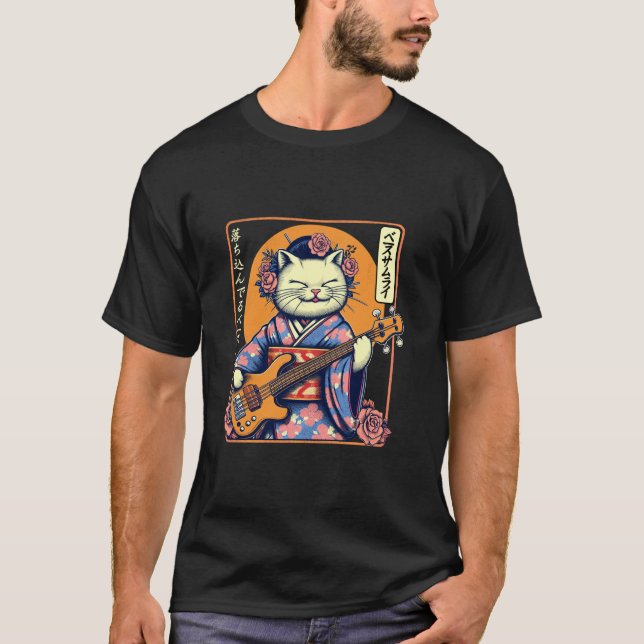 T-shirt Chat Samouraï Japonais Jouant De La Basse (Devant)