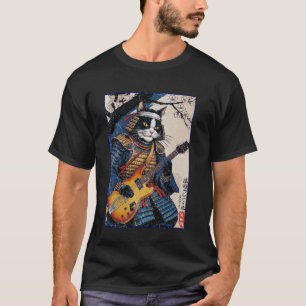 T-shirt Chat Samouraï Japonais Jouant de la Guitare Électr
