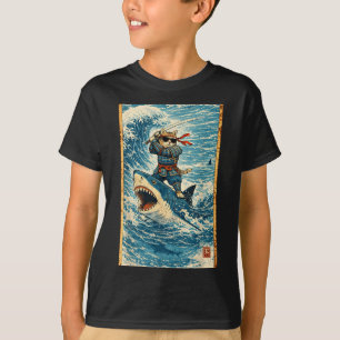 T-shirt Chat Samouraï montant un requin guerrier rétro fun