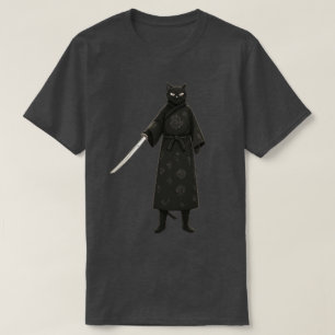 T-shirt Chat Samouraï Noir Kimono Noir