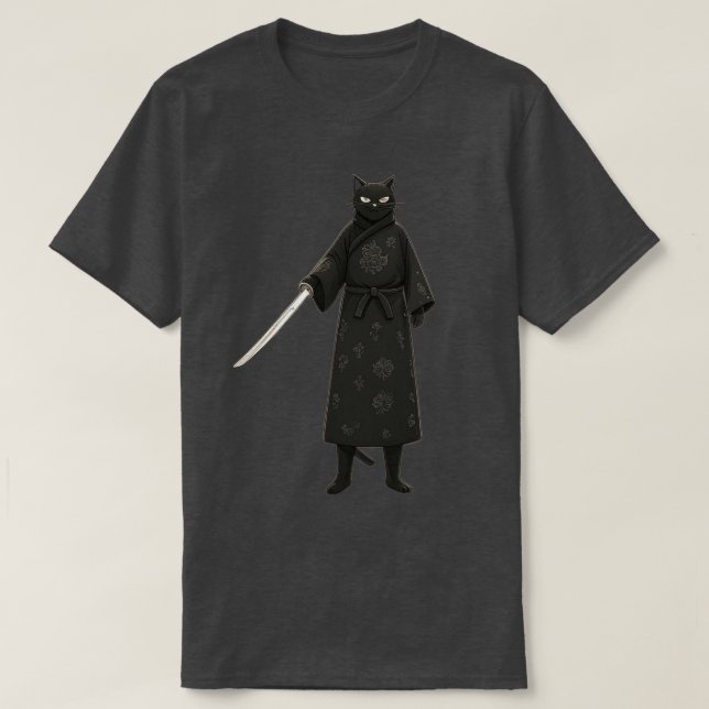 T-shirt Chat Samouraï Noir Kimono Noir (Design devant)