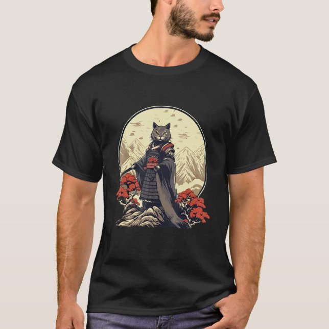 T-shirt Chat Samouraï Rétro Chat Inspiré du Japon (Devant)