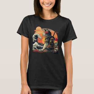 T-shirt Chat samouraï rétro japonais La Grande vague par H