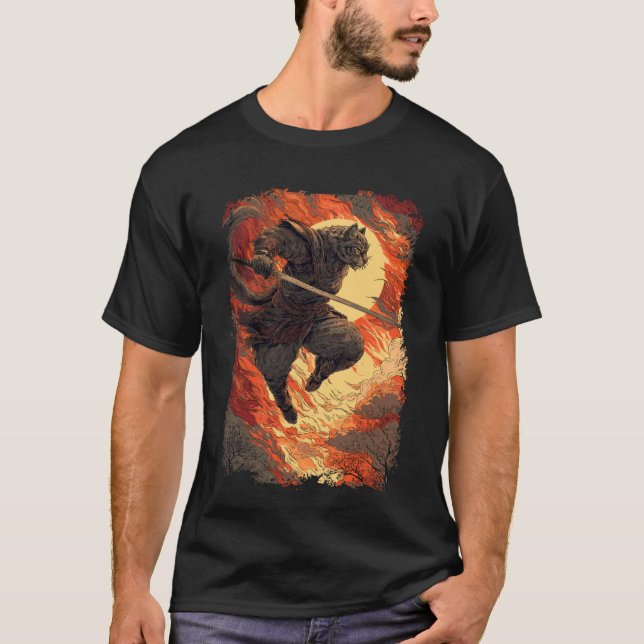 T-shirt Chat Samouraï - Saut du ninja enflammé (Devant)