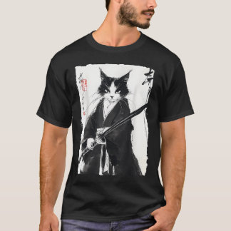 T-shirt Chat Samouraï Smoking Japonais Peinture à l'Encre