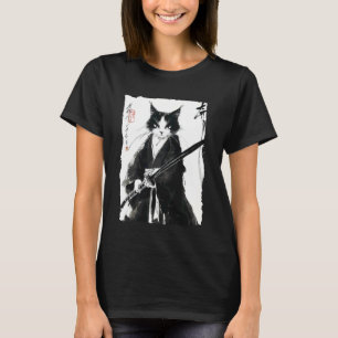 T-shirt Chat Samouraï Smoking Japonais Peinture à l'Encre 