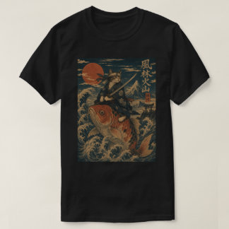 T-shirt Chat Samouraï sur carpe koï - Vintage Japonais