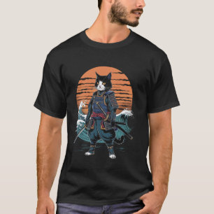 T-shirt Chat Samouraï Vague Japonaise Graphique Rétro