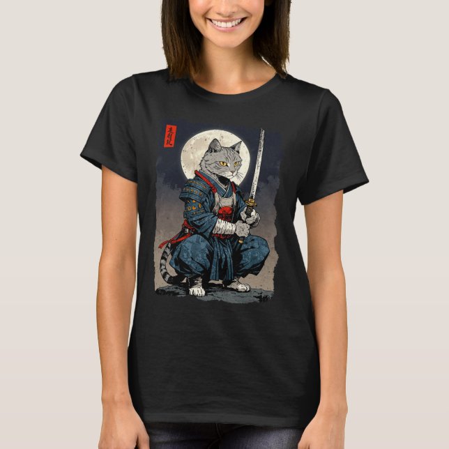 T-shirt Chat Samurai Japonais Retro Chat Fighter Moon Ukiy (Devant)
