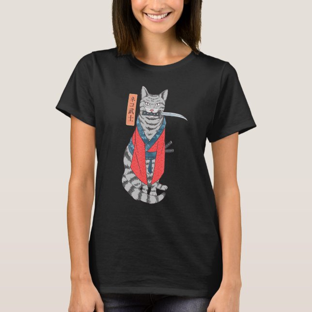 T-shirt Chat Samurai Katana Épée Et Kanji Japonais (Devant)