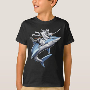 T-shirt Chat Samurai Ninja Riding Requin