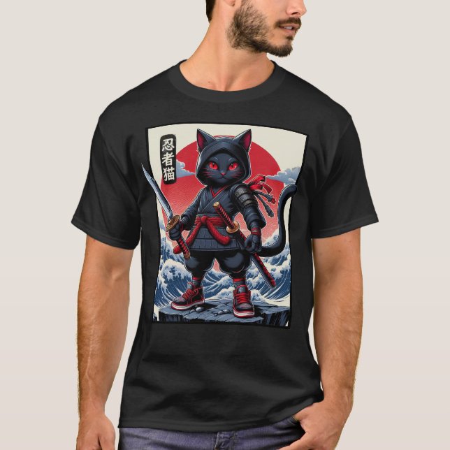 T-shirt Chat Samurai noir mignon (Devant)