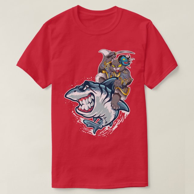 T-shirt Chat Samurai Riding Sur Le Requin Attraction Japon (Design devant)