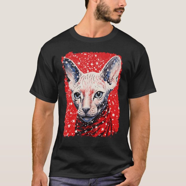 T-shirt Chat sans poils Sphynx rouge de Noël Pop Art (Devant)