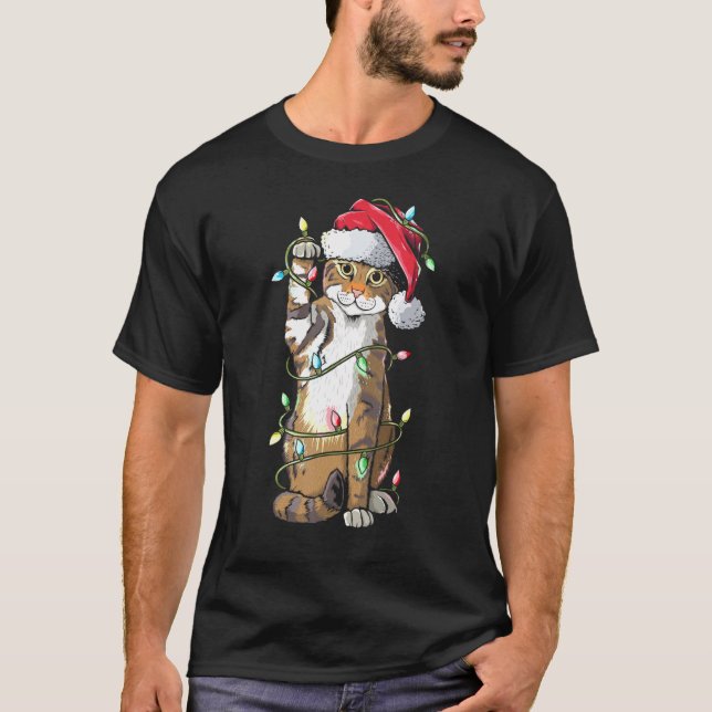 T-shirt Chat Santa Claus Casquette lumières de Noël Drôle  (Devant)