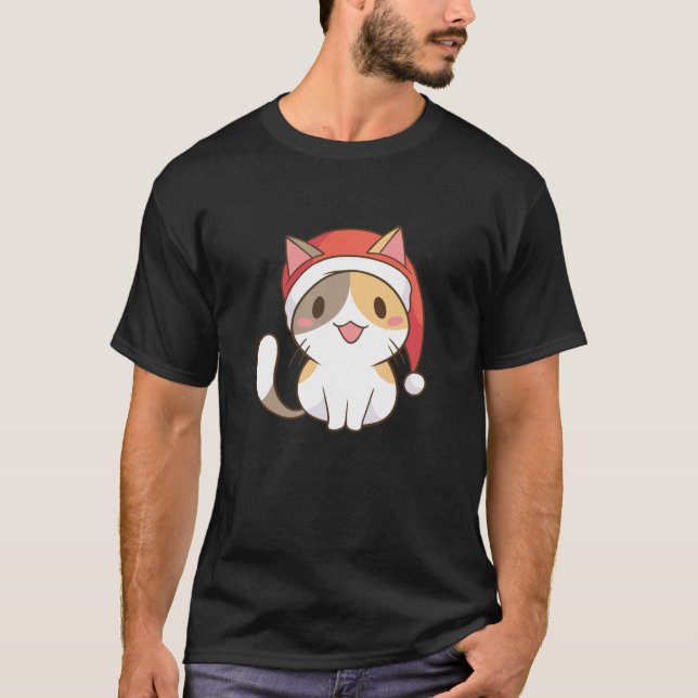 T-shirt Chat Santa Hat Funny Noël T Chemise (Devant)
