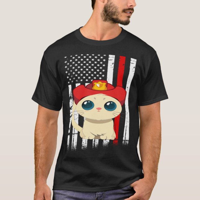 T-shirt Chat sapeur-pompier Drapeau américain Thin Red Lin (Devant)