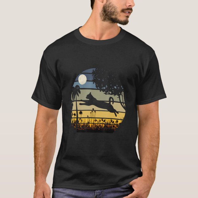 T-shirt Chat Sauter Dans Un Champ De Fleurs Lune Nuit (Devant)