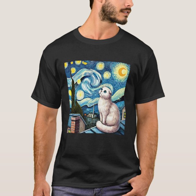 T-shirt Chat Scottish Fold sous un ciel nocturne étoilé (Devant)